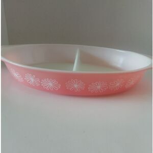 Pyrex Mid Century Modern Pink / White Daisy Divided Casserole Dish No Lid